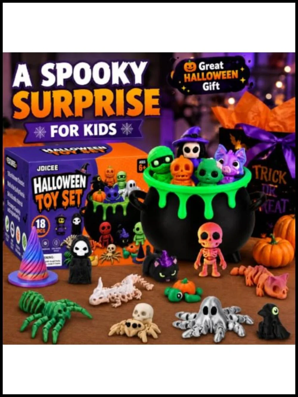 18Pcs Halloween 3D Printed Animals with Cauldron, Fidget Toys, Stress Relief